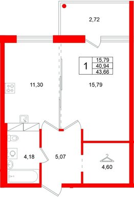 Квартира в ЖК «Финский Квартал», 1 комнатная, 43.66 м², 5 этаж