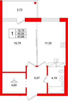Квартира в ЖК «Финский Квартал», 1 комнатная, 43.66 м², 2 этаж