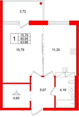 Квартира в ЖК «Финский Квартал», 1 комнатная, 43.66 м², 8 этаж