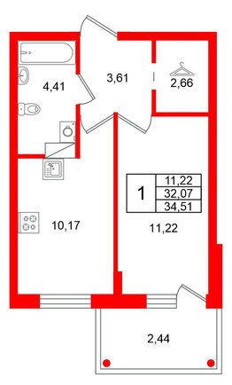 Квартира в ЖК Финский Квартал, 1 комнатная, 34.51 м², 6 этаж