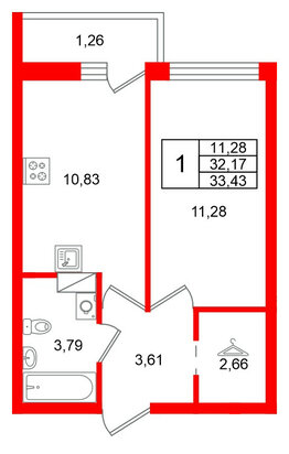 Квартира в ЖК Финский Квартал, 1 комнатная, 33.43 м², 6 этаж