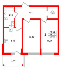 Квартира в ЖК Финский Квартал, 2 комнатная, 51.61 м², 4 этаж