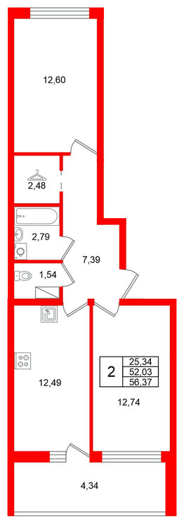 Квартира в ЖК Финский Квартал, 2 комнатная, 56.37 м², 2 этаж