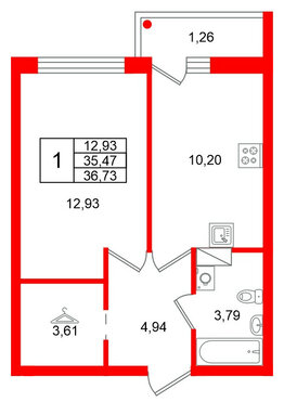 Квартира в ЖК Финский Квартал, 1 комнатная, 36.73 м², 8 этаж