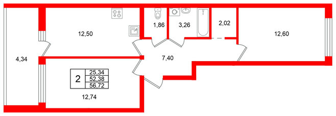 Квартира в ЖК Финский Квартал, 2 комнатная, 56.72 м², 1 этаж