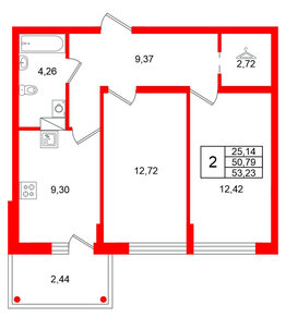 Квартира в ЖК Финский Квартал, 2 комнатная, 53.23 м², 4 этаж