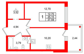 Квартира в ЖК Финский Квартал, 1 комнатная, 37.59 м², 6 этаж