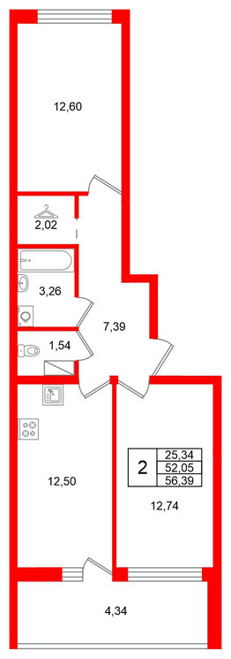 Квартира в ЖК Финский Квартал, 2 комнатная, 56.39 м², 6 этаж