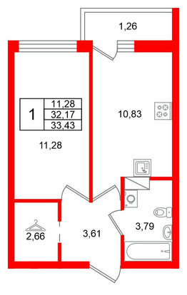 Квартира в ЖК Финский Квартал, 1 комнатная, 33.43 м², 6 этаж