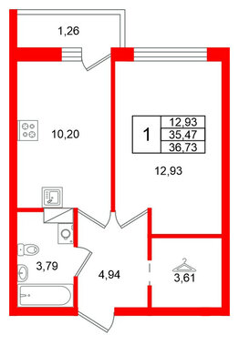 Квартира в ЖК Финский Квартал, 1 комнатная, 36.73 м², 3 этаж