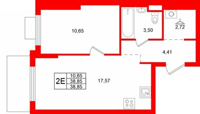 Квартира в ЖК «Заречный парк», 1 комнатная, 38.85 м², 6 этаж