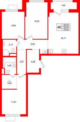 Квартира в ЖК «Заречный парк», 3 комнатная, 79.42 м², 14 этаж