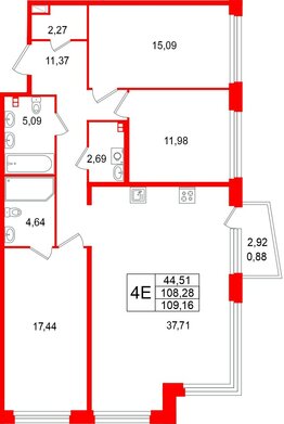 Квартира в ЖК «Акватория», 3 комнатная, 109.16 м², 3 этаж