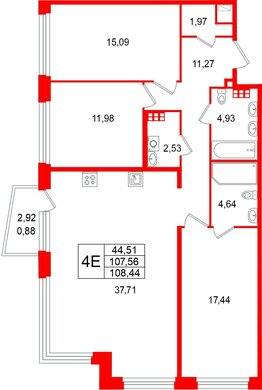 Квартира в ЖК «Акватория», 3 комнатная, 108.44 м², 7 этаж