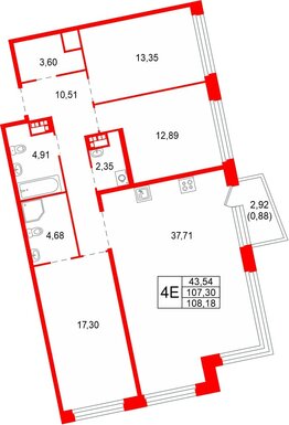 Квартира в ЖК «Акватория», 3 комнатная, 108.18 м², 7 этаж