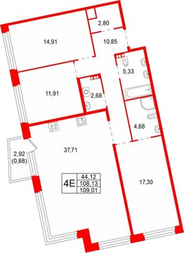 Квартира в ЖК «Акватория», 3 комнатная, 109.01 м², 5 этаж
