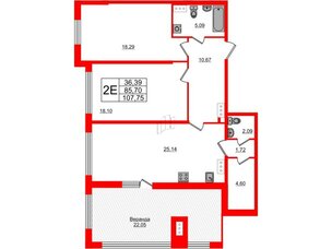 Квартира в ЖК PROMENADE, 2 комнатная, 107.75 м², 16 этаж