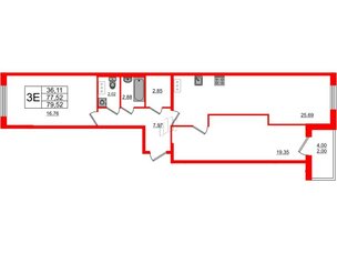 Квартира в ЖК PROMENADE, 2 комнатная, 79.52 м², 16 этаж
