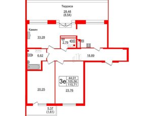 Квартира в ЖК TESORO, 2 комнатная, 116.4 м², 9 этаж