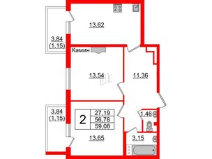 Квартира в ЖК TESORO, 2 комнатная, 59.08 м², 9 этаж