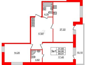 Квартира в ЖК Притяжение, 2 комнатная, 84.9 м², 2 этаж