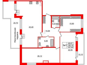 Квартира в ЖК Притяжение, 2 комнатная, 136.6 м², 9 этаж