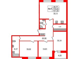 Квартира в ЖК Притяжение, 3 комнатная, 119.6 м², 2 этаж