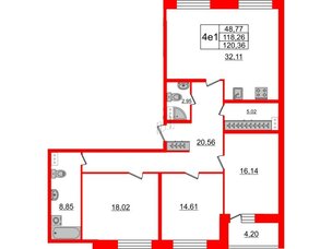 Квартира в ЖК Притяжение, 3 комнатная, 118.3 м², 3 этаж