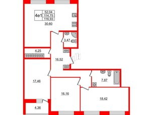 Квартира в ЖК Притяжение, 3 комнатная, 114.9 м², 2 этаж