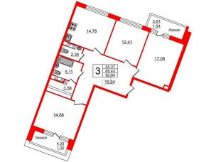 Квартира в ЖК Ariosto!, 3 комнатная, 92.64 м², 12 этаж