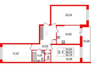 Квартира в ЖК Притяжение, 3 комнатная, 88.8 м², 8 этаж