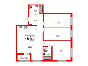 Квартира в ЖК «Черная Речка», 3 комнатная, 94.6 м², 6 этаж