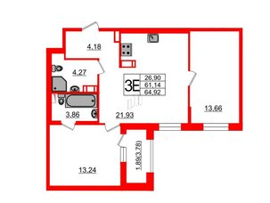 Квартира в ЖК «Черная Речка», 2 комнатная, 61.7 м², 12 этаж