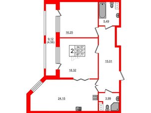 Квартира в ЖК Петровская доминанта, 2 комнатная, 88.6 м², 3 этаж