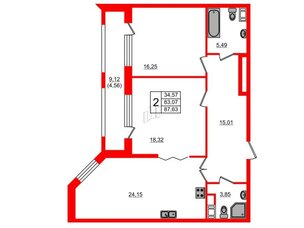 Квартира в ЖК Петровская доминанта, 2 комнатная, 88.6 м², 6 этаж