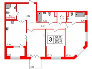 Квартира в ЖК Петровская доминанта, 3 комнатная, 107.2 м², 8 этаж