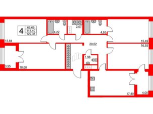 Квартира в ЖК The One, 4 комнатная, 118.1 м², 4 этаж