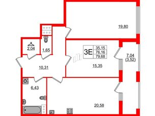 Квартира в ЖК 'Фамилия', 2 комнатная, 79.68 м², 5 этаж