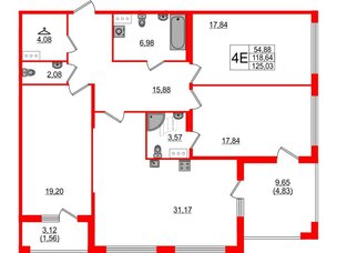 Квартира в ЖК 'Фамилия', 3 комнатная, 125.03 м², 2 этаж
