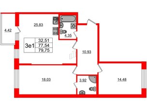 Квартира в ЖК 'Притяжение', 2 комнатная, 76.6 м², 1 этаж
