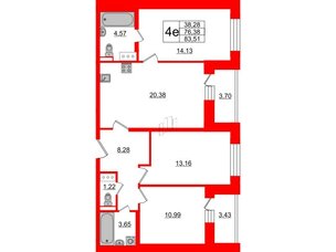 Квартира в ЖК ЦДС Елизаровский, 3 комнатная, 76.3 м², 20 этаж
