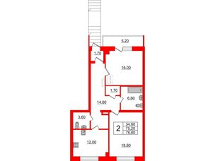 Квартира в ЖК Эталон на Неве, 2 комнатная, 76.5 м², 1 этаж