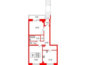 Квартира в ЖК Эталон на Неве, 2 комнатная, 76.9 м², 1 этаж