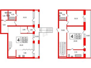 Квартира в ЖК Эталон на Неве, 4 комнатная, 151.9 м², 1 этаж