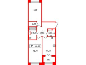 Квартира в ЖК The One, 2 комнатная, 68.9 м², 1 этаж