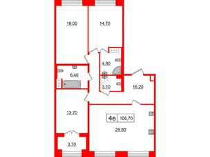Квартира в ЖК The One, 3 комнатная, 106.7 м², 1 этаж