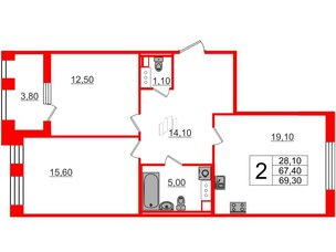 Квартира в ЖК Svetlana Park, 2 комнатная, 69.1 м², 9 этаж