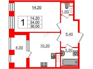 Квартира в ЖК Svetlana Park, 1 комнатная, 34.6 м², 4 этаж