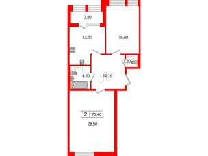 Квартира в ЖК Svetlana Park, 2 комнатная, 75.4 м², 3 этаж