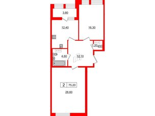 Квартира в ЖК Svetlana Park, 2 комнатная, 75.2 м², 9 этаж